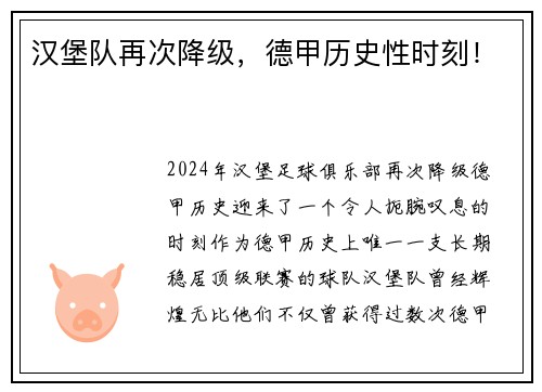 汉堡队再次降级，德甲历史性时刻！